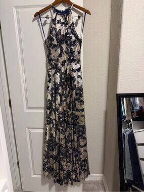 Gold and Navy Floral Halter Maxi Dress
